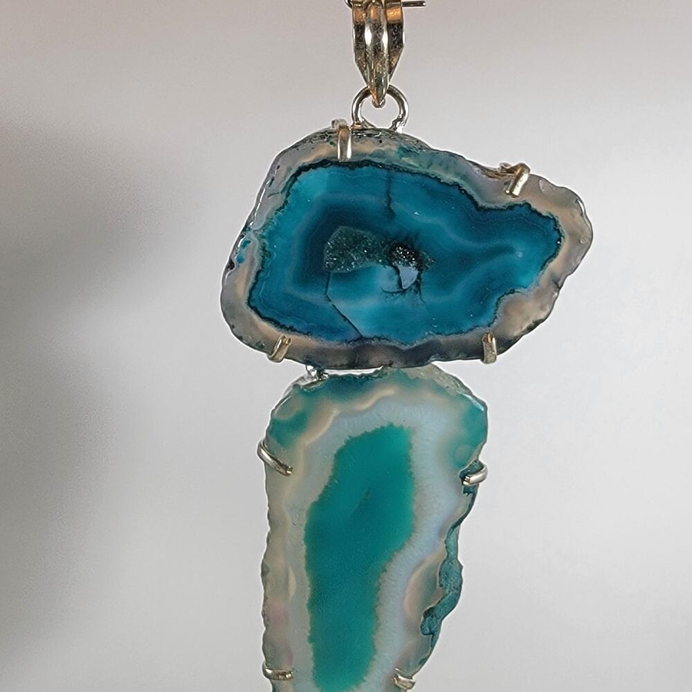 Teal Blue Agate Slice Pendant – Handmade Sterling Silver Boho Crystal Necklace